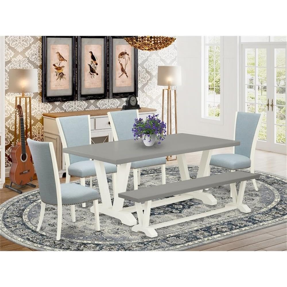 East West Furniture V097VE215-6 6 Piece Kitchen Table Set Contains a Rectangle Dining Table with V-Legs and 4 Baby Blue Linen Fabric Parson Chairs with a Bench, 40x72 Inch, Multi-Color