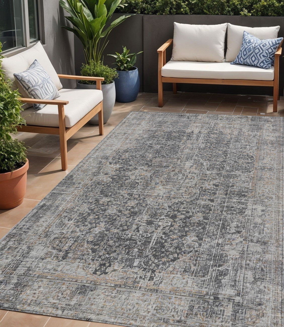 5 X 8 Charcoal And Silver Abstract Washable Indoor Outdoor Area Rug