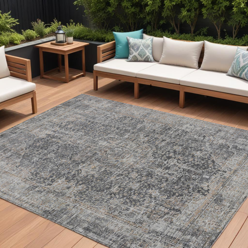 9 X 12 Charcoal And Silver Abstract Washable Indoor Outdoor Area Rug