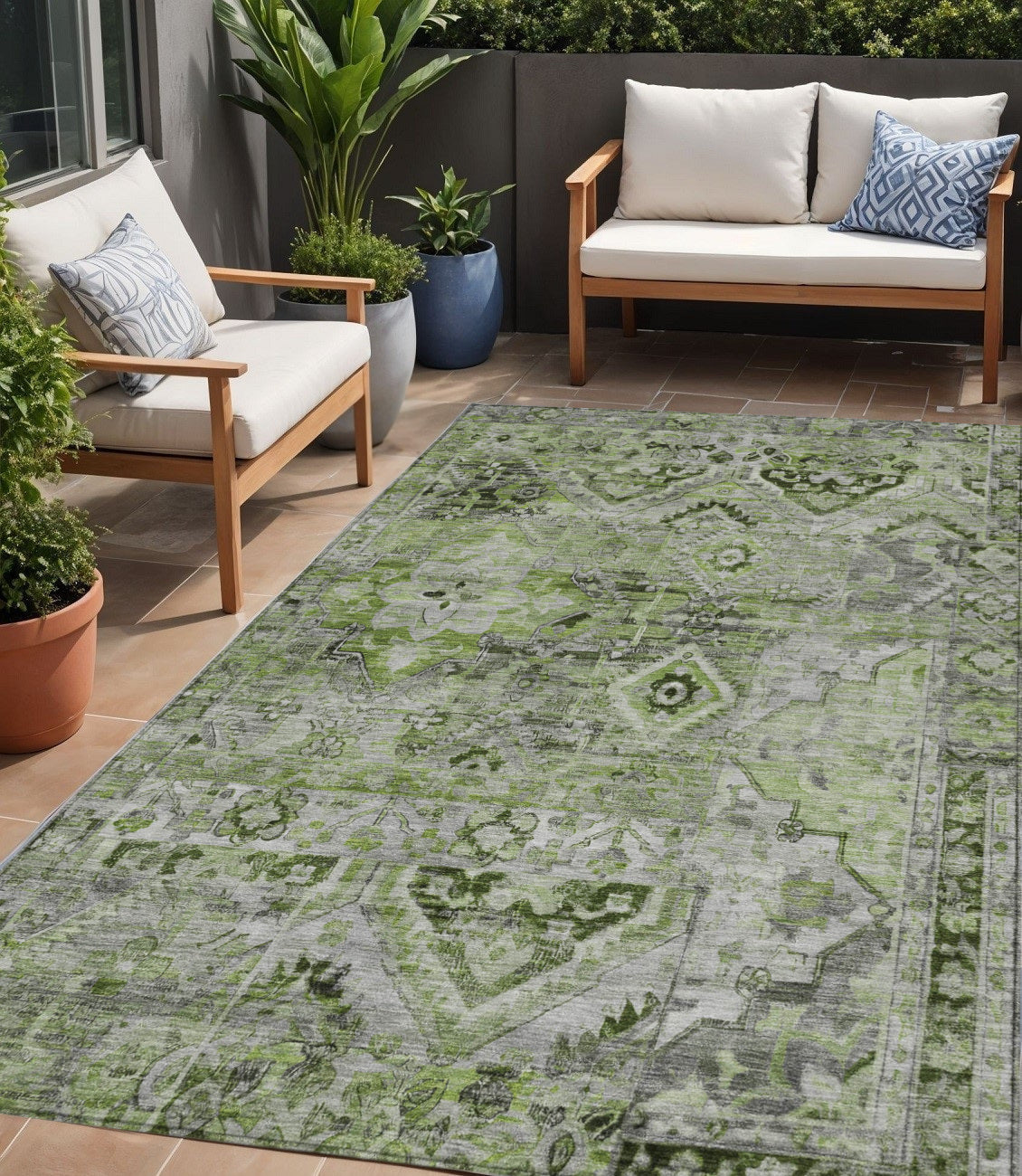 5 X 8 Artichoke Green And Gray Floral Medallion Washable Indoor Outdoor Area Rug