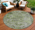 8 Artichoke Green And Gray Round Floral Medallion Washable Indoor Outdoor Area Rug