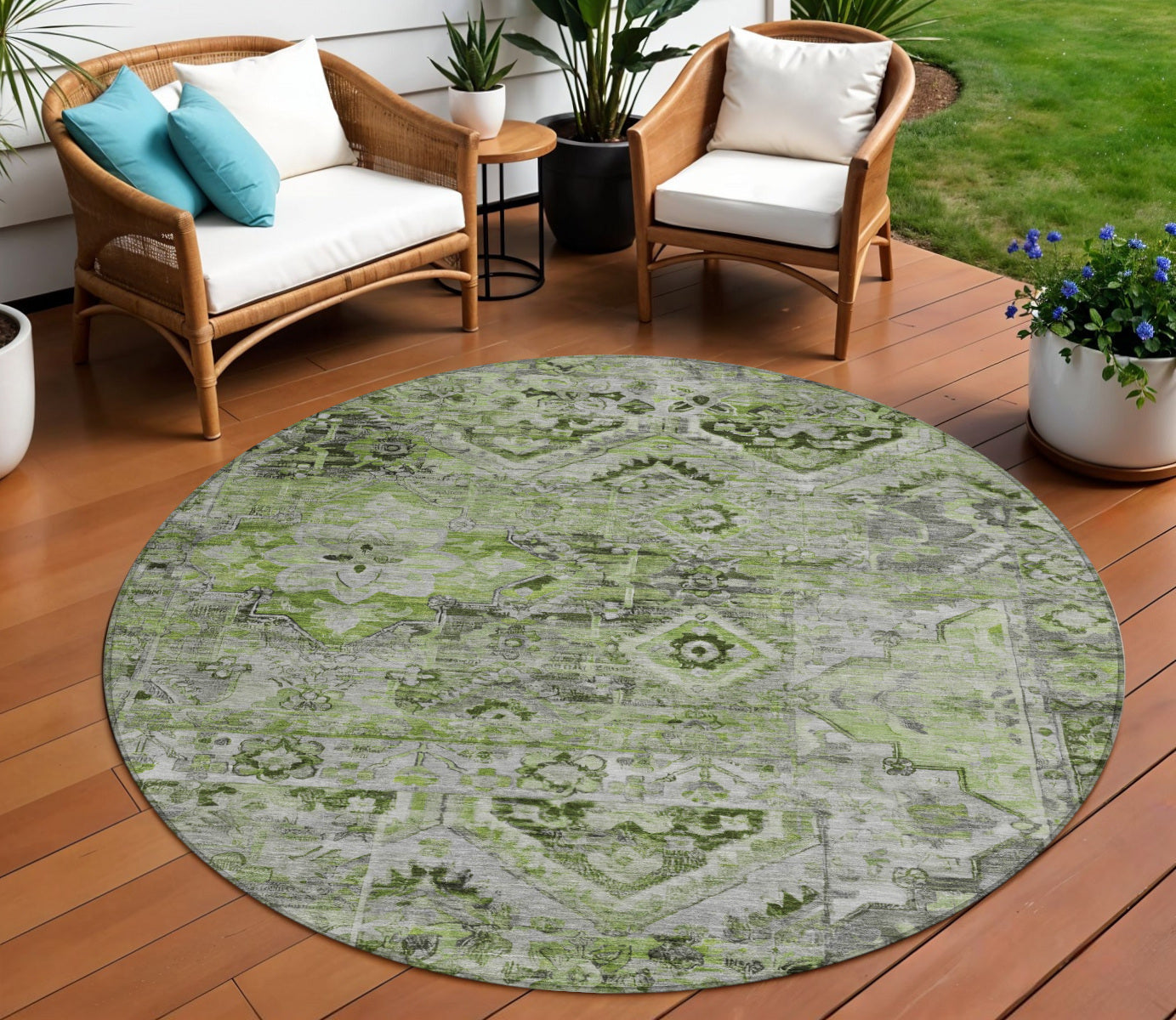 8 Artichoke Green And Gray Round Floral Medallion Washable Indoor Outdoor Area Rug