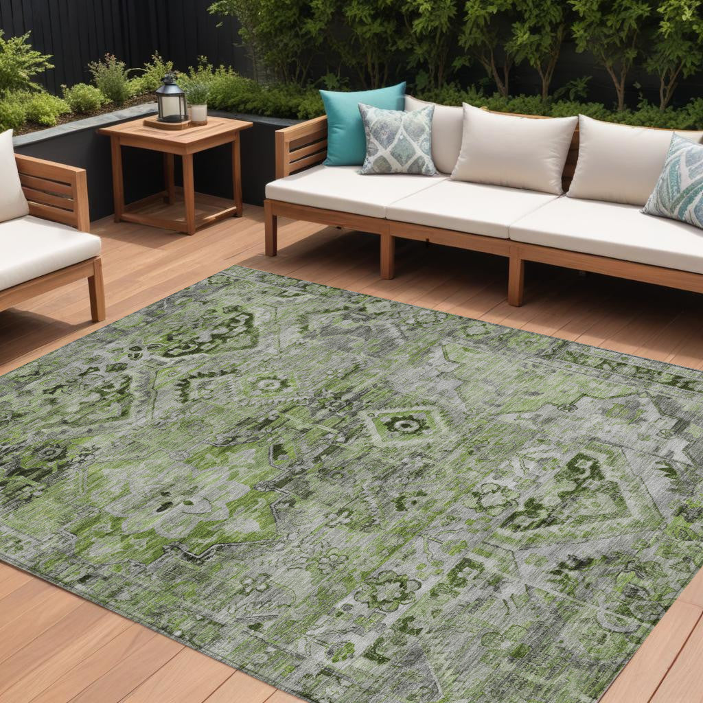 10 X 14 Artichoke Green And Gray Floral Medallion Washable Indoor Outdoor Area Rug