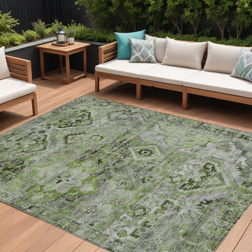 10 X 14 Artichoke Green And Gray Floral Medallion Washable Indoor Outdoor Area Rug