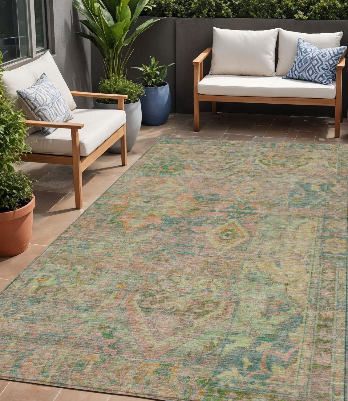 5 X 8 Green Teal Blue And Mauve Floral Medallion Washable Indoor Outdoor Area Rug