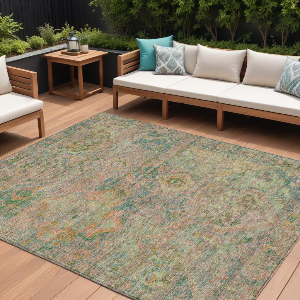 8 X 10 Green Teal Blue And Mauve Floral Medallion Washable Indoor Outdoor Area Rug
