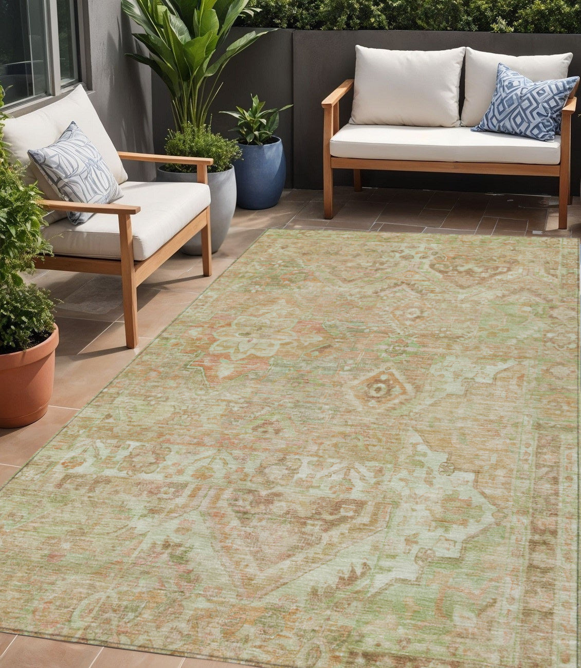 5 X 8 Salmon Fern Green And Beige Floral Medallion Washable Indoor Outdoor Area Rug
