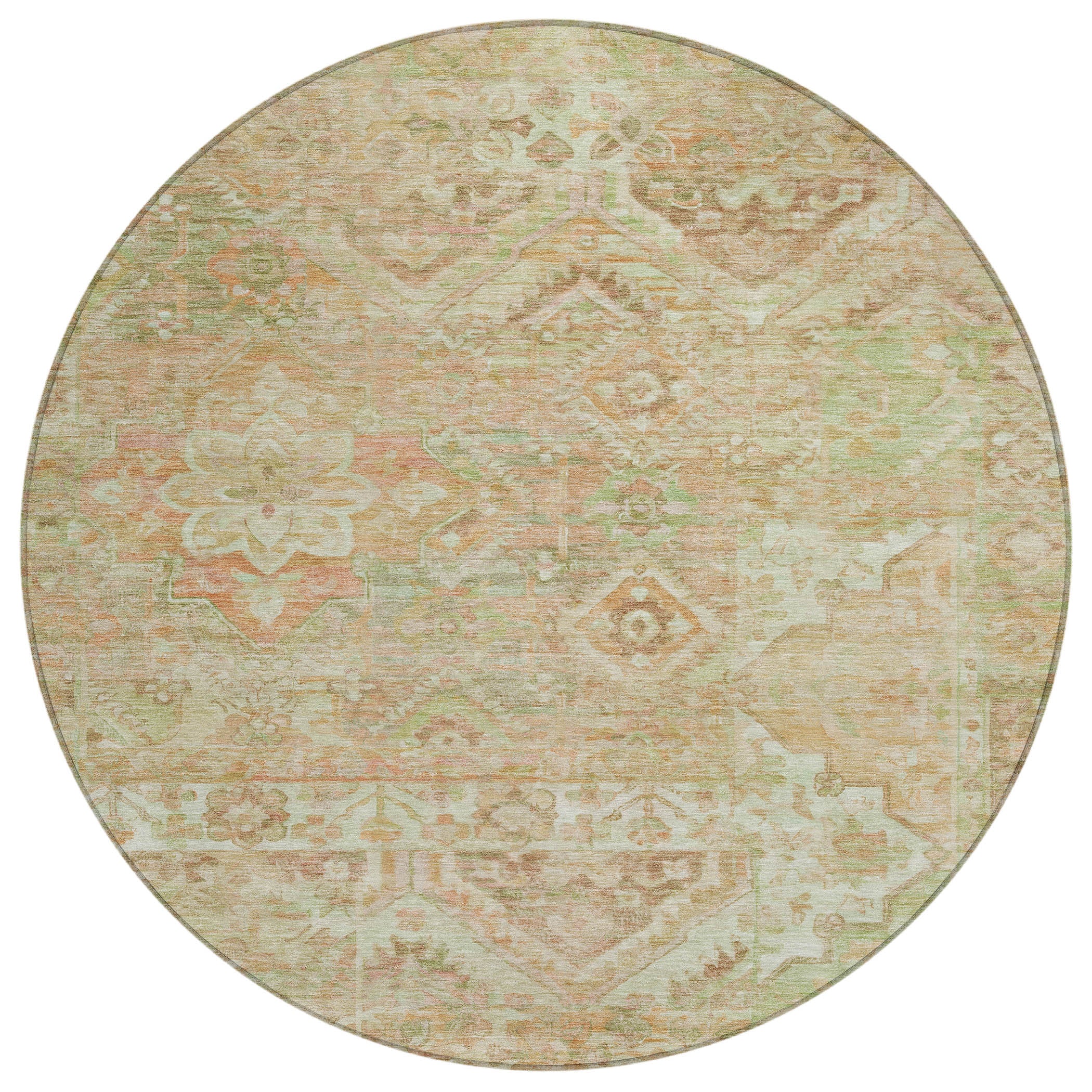 8 Salmon Fern Green And Beige Round Floral Medallion Washable Indoor Outdoor Area Rug