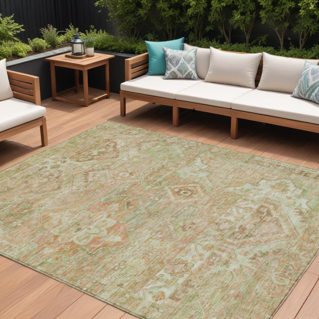 10 X 14 Salmon Fern Green And Beige Floral Medallion Washable Indoor Outdoor Area Rug