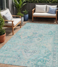 5 X 8 Teal Blue And Pink Floral Medallion Washable Indoor Outdoor Area Rug