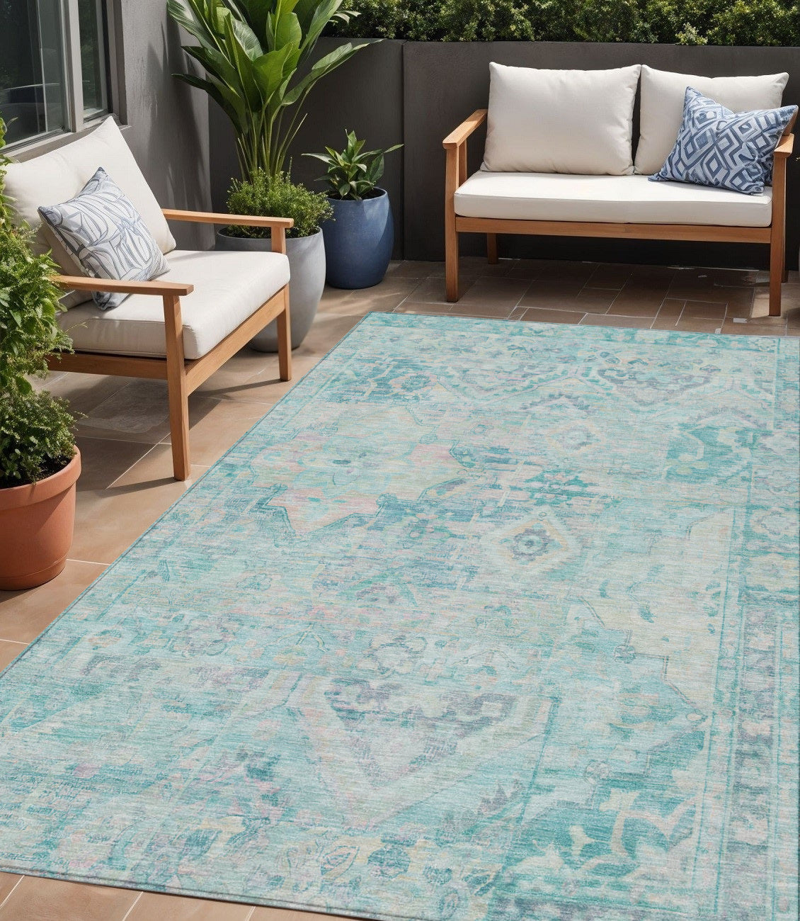 5 X 8 Teal Blue And Pink Floral Medallion Washable Indoor Outdoor Area Rug