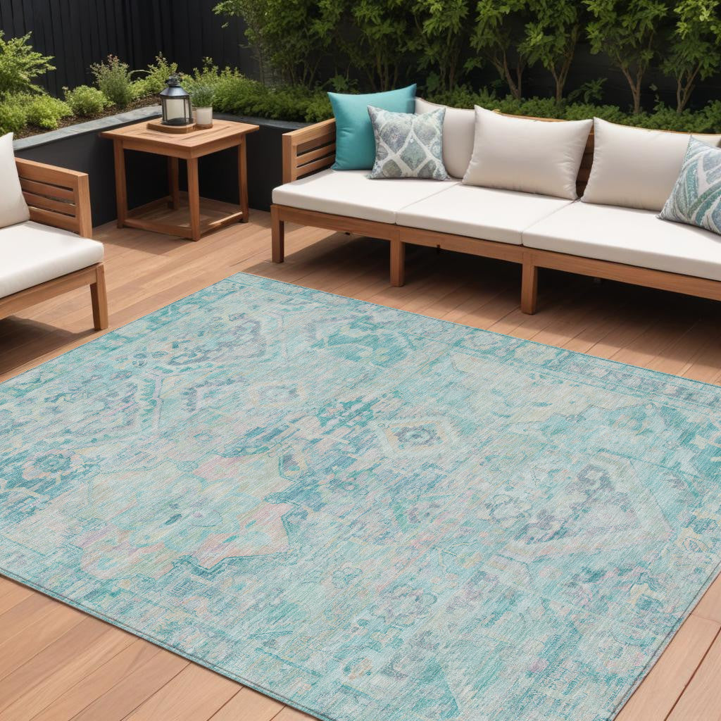 9 X 12 Teal Blue And Pink Floral Medallion Washable Indoor Outdoor Area Rug