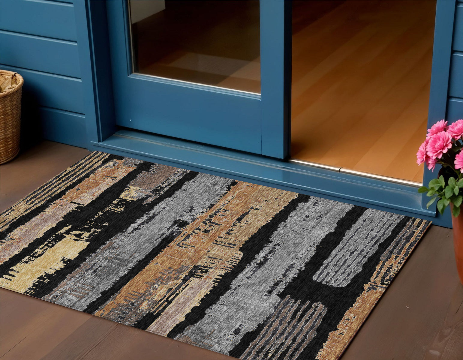 3 X 5 Black Gold And Brown Striped Washable Indoor Outdoor Area Rug