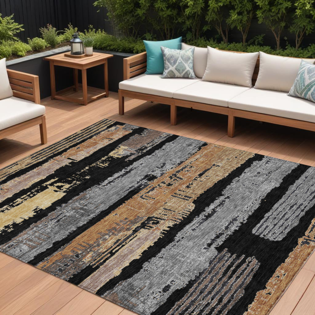 9 X 12 Black Gold And Brown Striped Washable Indoor Outdoor Area Rug