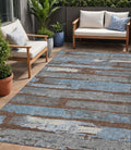 5 X 8 Chocolate Blue And Beige Striped Washable Indoor Outdoor Area Rug