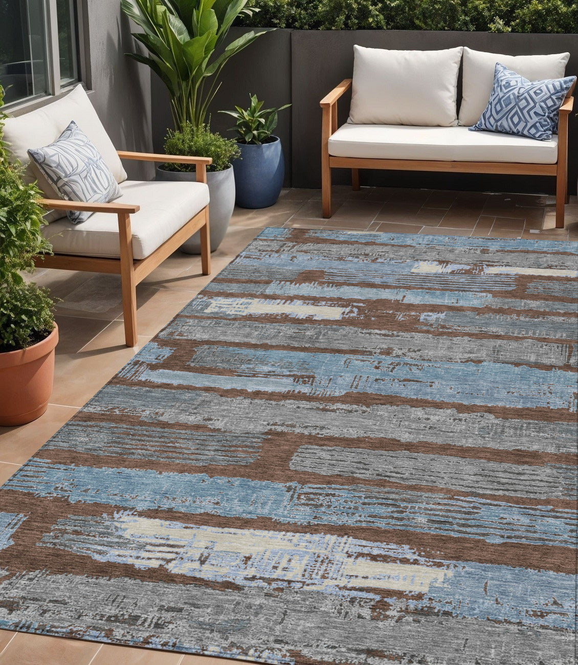5 X 8 Chocolate Blue And Beige Striped Washable Indoor Outdoor Area Rug
