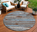 8 Chocolate Blue And Beige Round Striped Washable Indoor Outdoor Area Rug