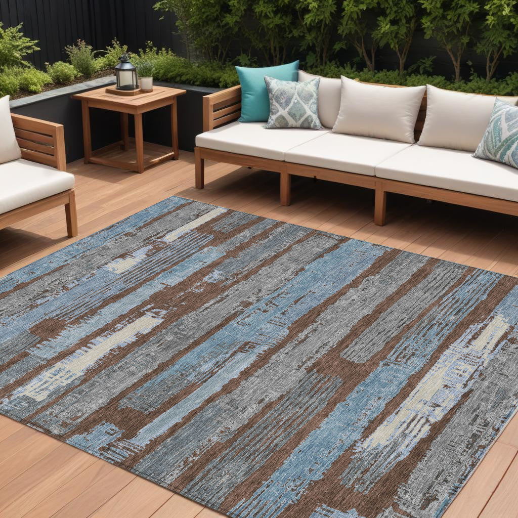 10 X 14 Chocolate Blue And Beige Striped Washable Indoor Outdoor Area Rug