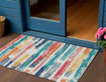 3 X 5 Ivory Teal Blue Orange And Red Striped Washable Indoor Outdoor Area Rug