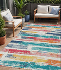 5 X 8 Ivory Teal Blue Orange And Red Striped Washable Indoor Outdoor Area Rug