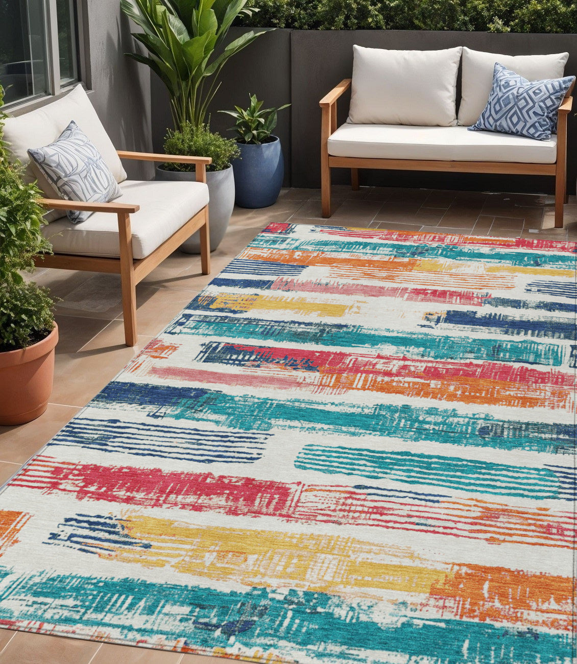 5 X 8 Ivory Teal Blue Orange And Red Striped Washable Indoor Outdoor Area Rug