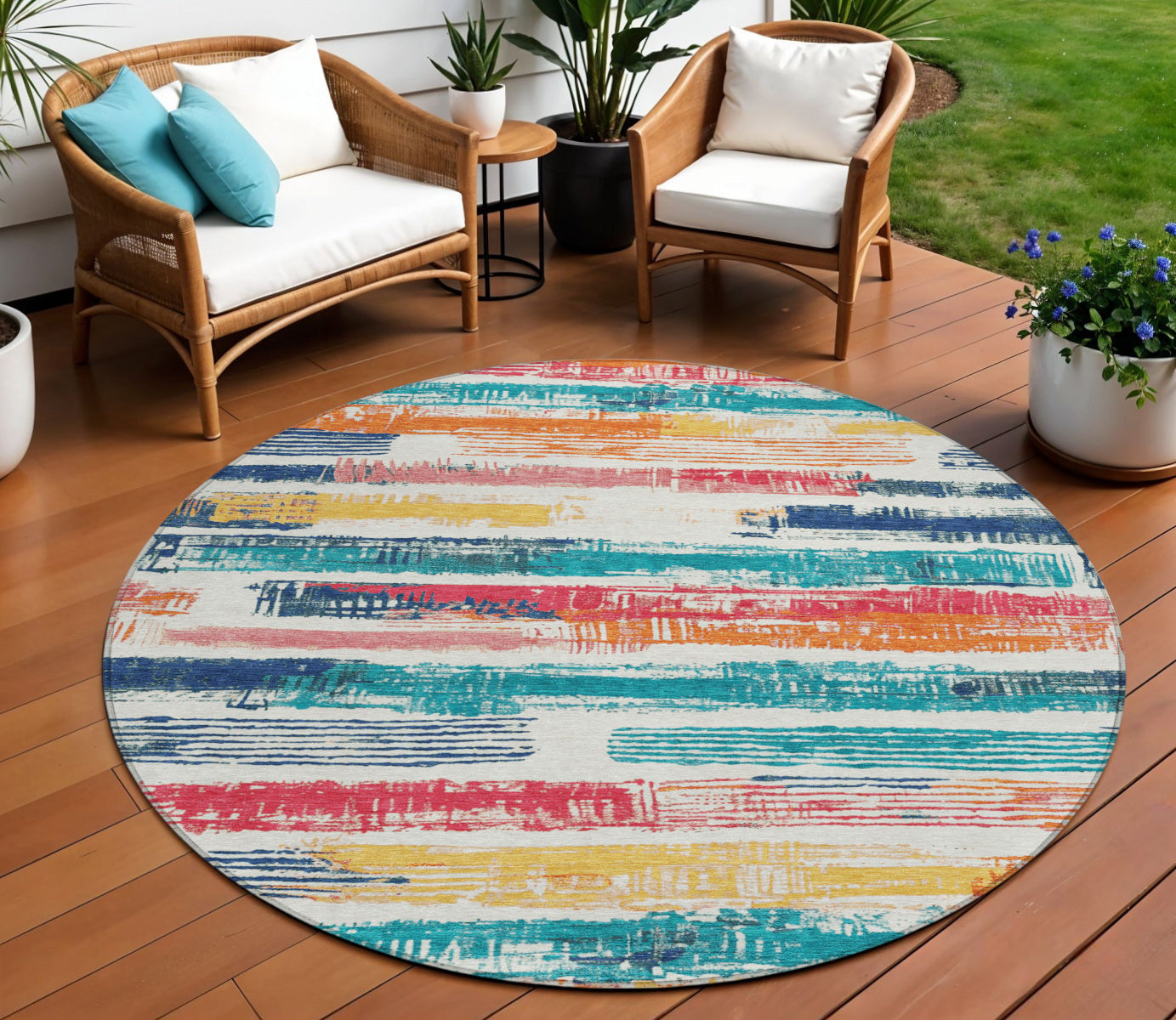 8 Ivory Teal Blue Orange And Red Round Striped Washable Indoor Outdoor Area Rug