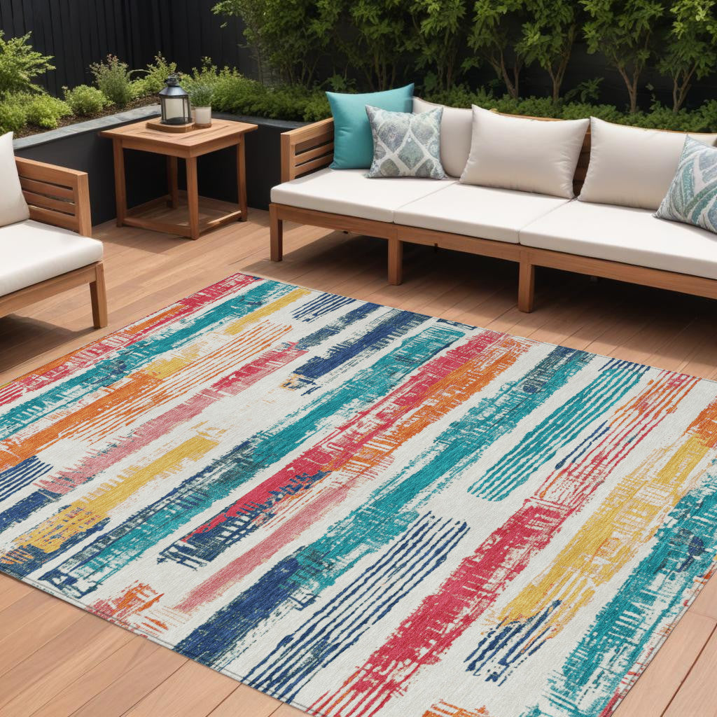8 X 10 Ivory Teal Blue Orange And Red Striped Washable Indoor Outdoor Area Rug