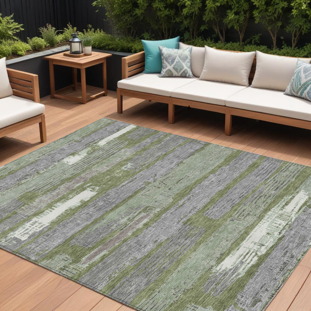 8 X 10 Olive Green Ivory And Blue Striped Washable Indoor Outdoor Area Rug