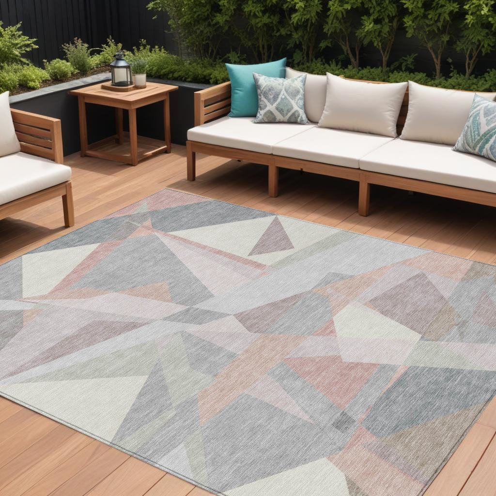 9 X 12 Blush Ivory And Gray Geometric Washable Indoor Outdoor Area Rug