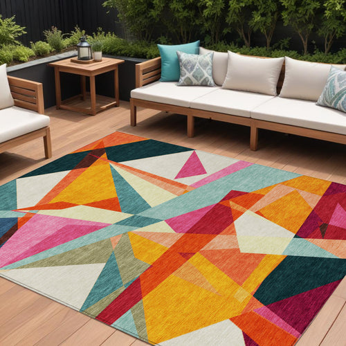 10 X 14 Ivory Orange And Burgundy Geometric Washable Indoor Outdoor Area Rug