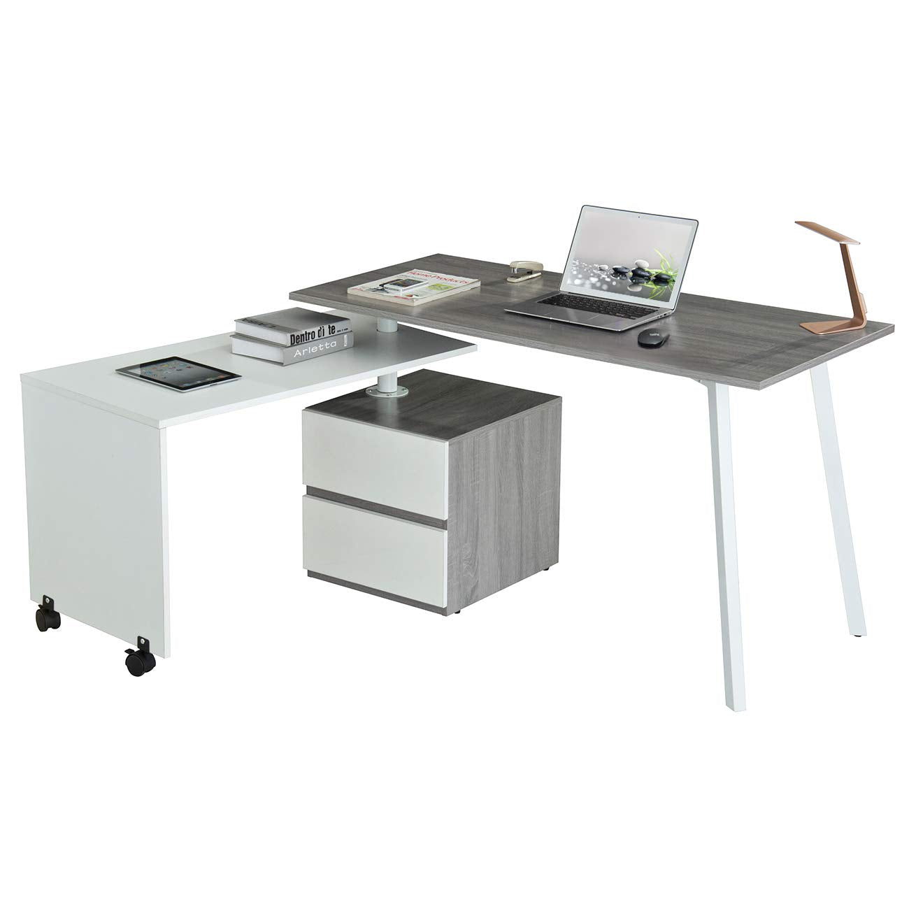 Adjustable L-Shaped Computer Desk With Rolling Tabletop For Multiple Configurations, Two-Drawer Cabinet, And Sturdy Steel Legs – Space-Saving, Ergonomic Design For Home Office Or Workspace, Grey