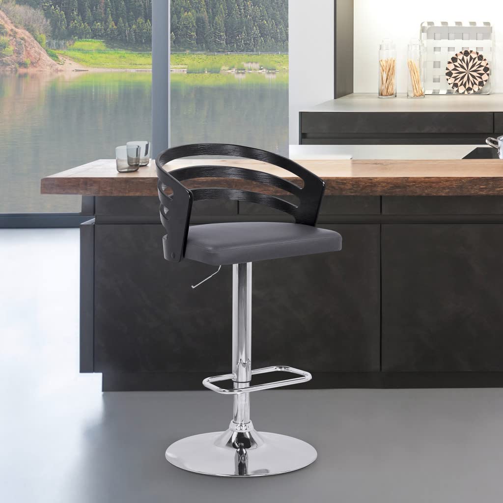 HomeRoots Wood, Metal, Foam Faux Leather Gray Faux Leather Black Wood and Chrome Adjustable Swivel Bar Stool