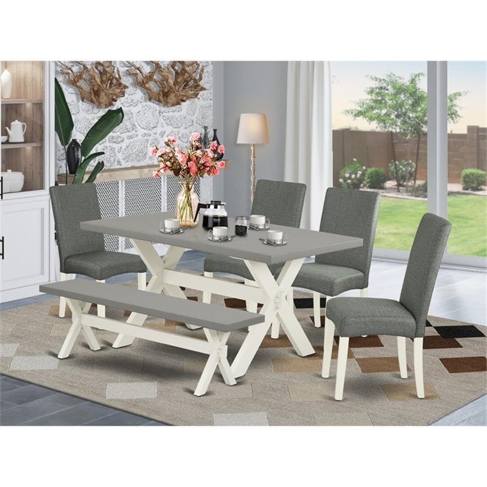 East West Furniture X096Dr207-6 6 Piece Dining Room Table Set Contains A Rectangle Kitchen Table With X-Legs And 4 Gray Linen Fabric Parson Chairs With A Bench, 36X60 Inch, Multi-Color