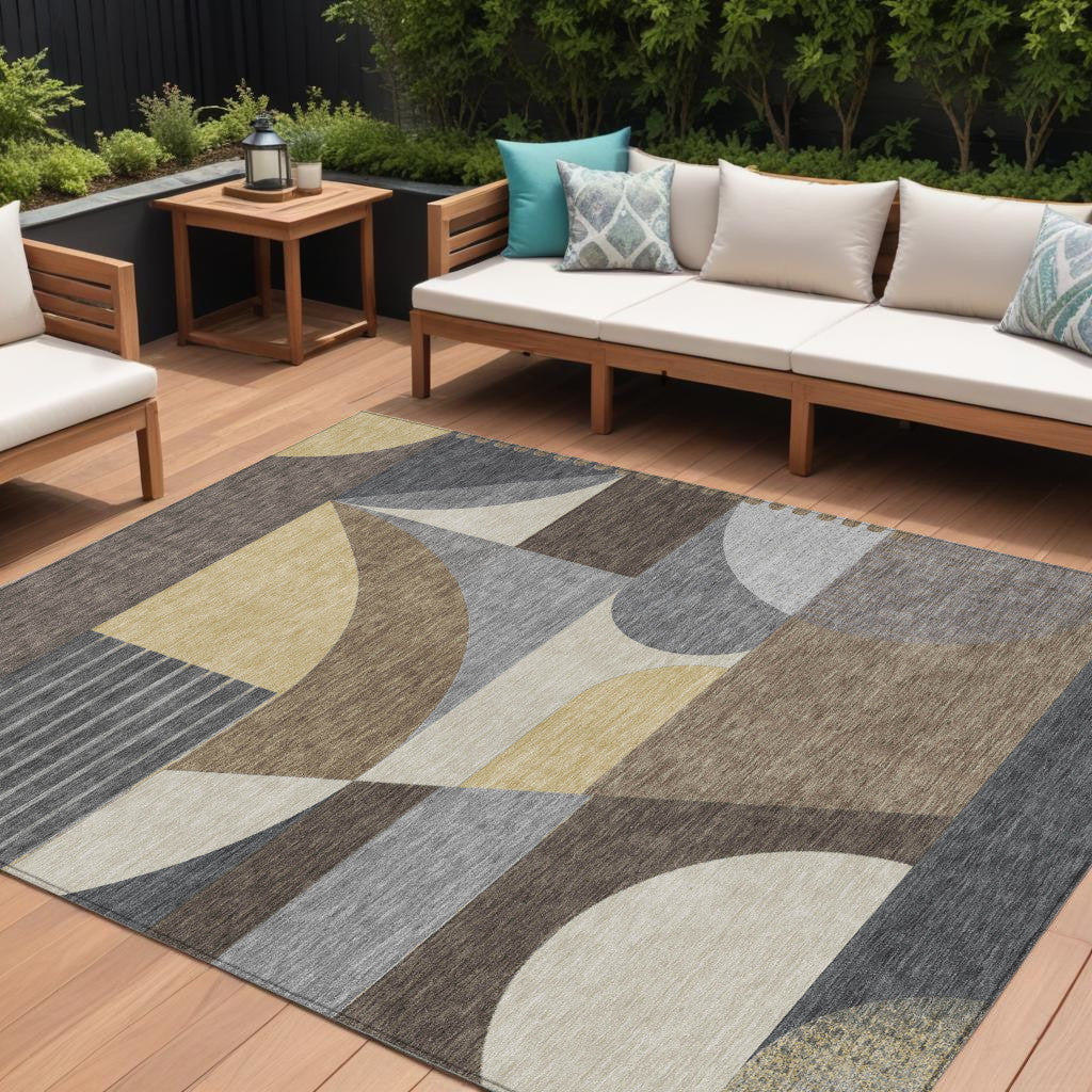 8 X 10 Brown Taupe And Wheat Geometric Washable Indoor Outdoor Area Rug