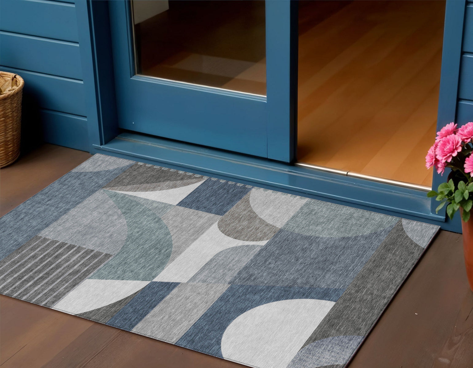 3 X 5 Gray Blue And Ivory Geometric Washable Indoor Outdoor Area Rug