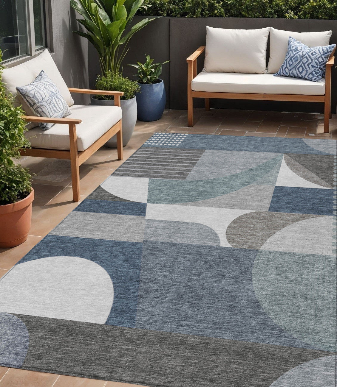 5 X 8 Gray Blue And Ivory Geometric Washable Indoor Outdoor Area Rug