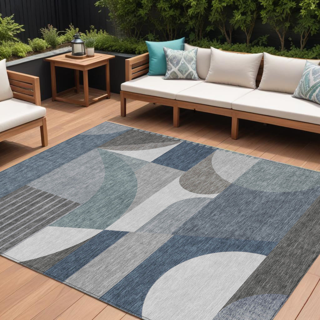 9 X 12 Gray Blue And Ivory Geometric Washable Indoor Outdoor Area Rug
