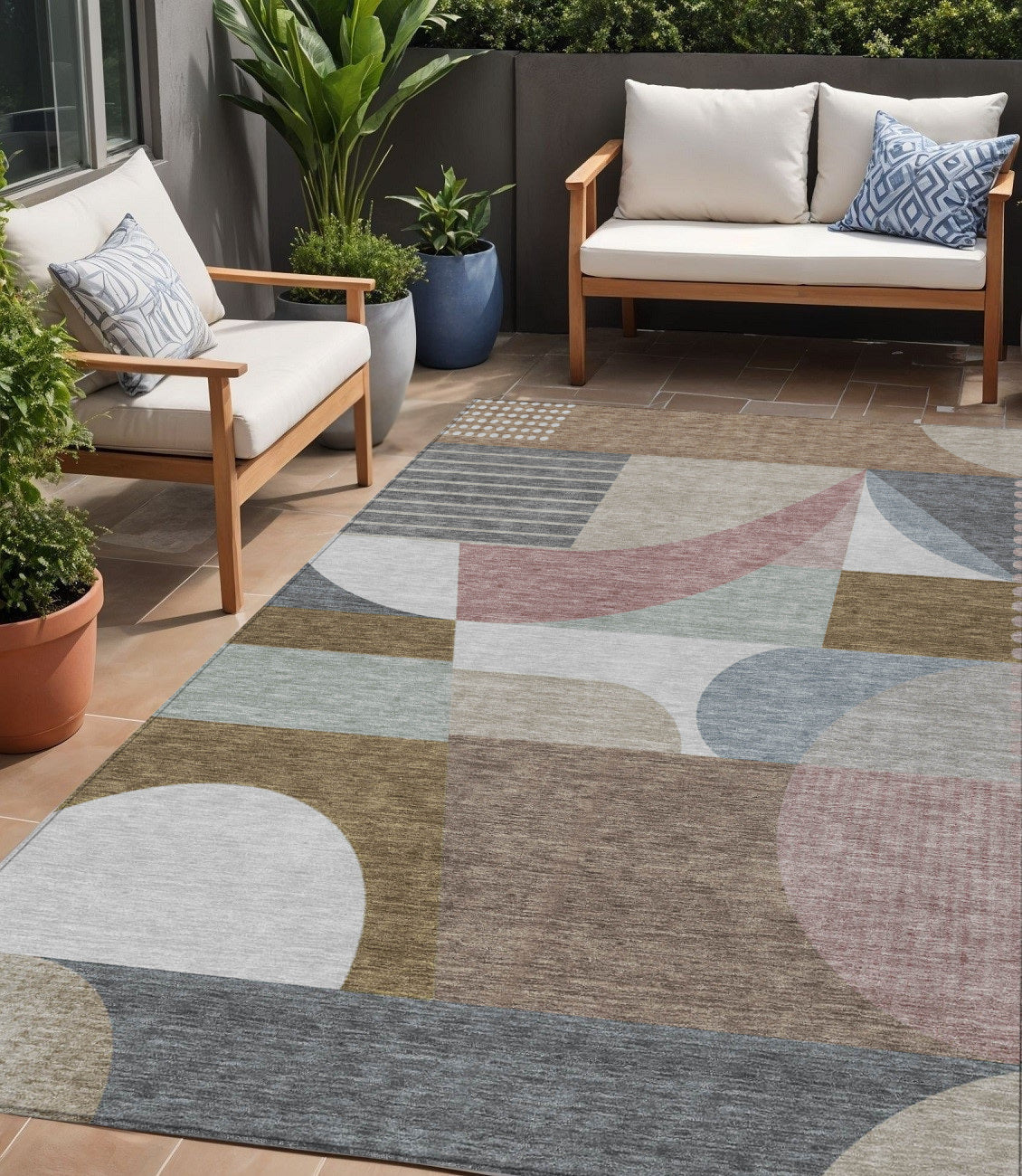 5 X 8 Brown Ivory And Mauve Geometric Washable Indoor Outdoor Area Rug