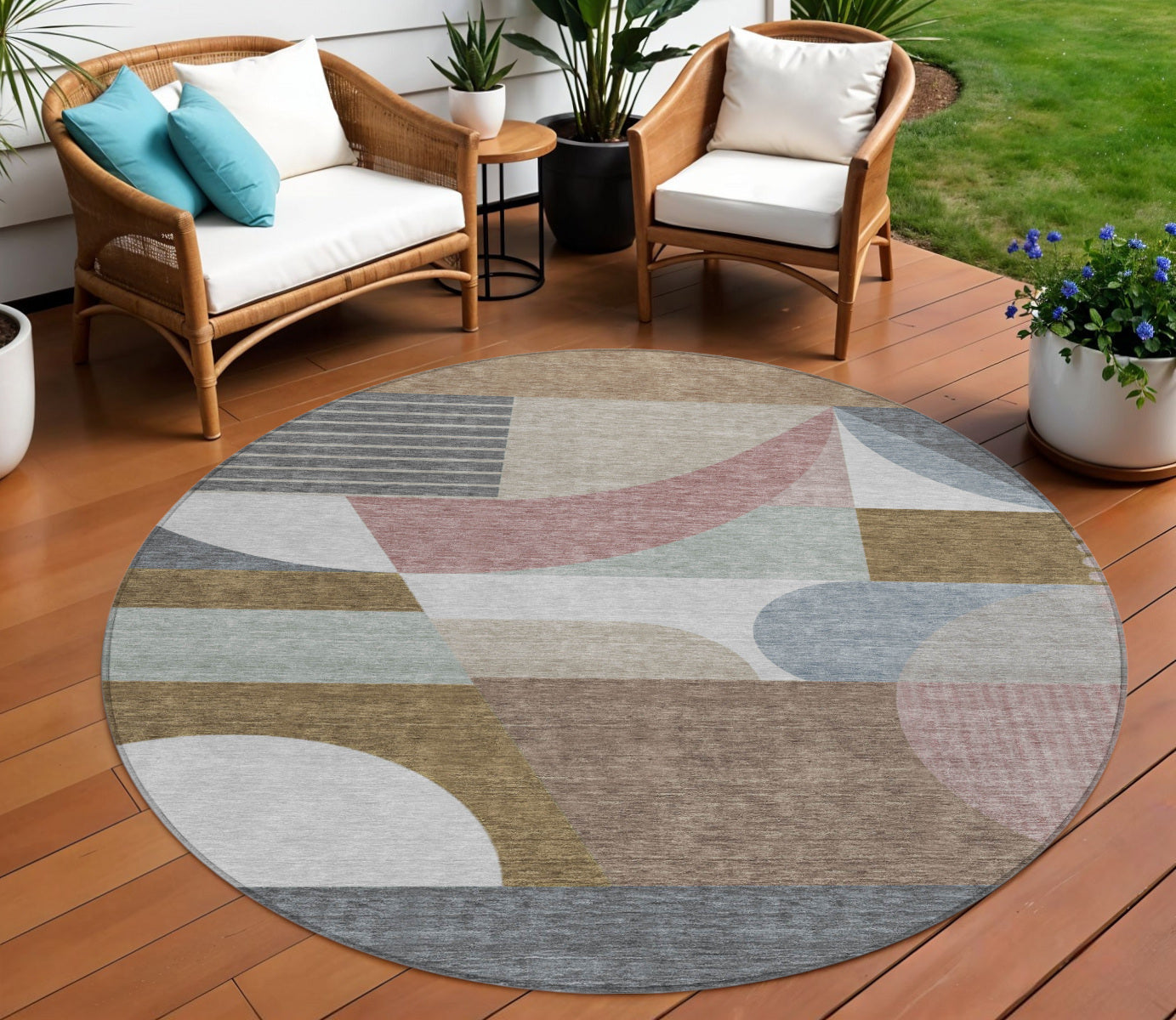 8 Brown Ivory And Mauve Round Geometric Washable Indoor Outdoor Area Rug
