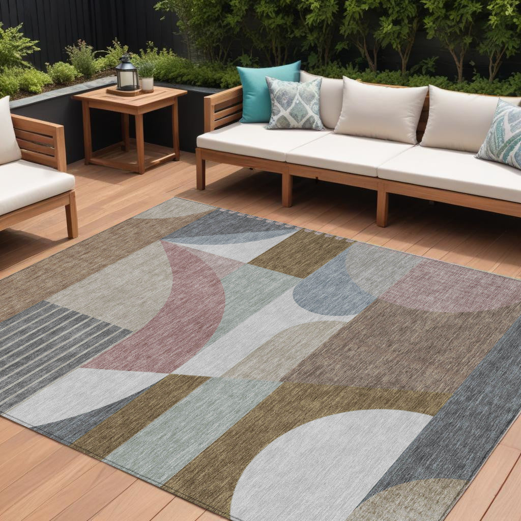 8 X 10 Brown Ivory And Mauve Geometric Washable Indoor Outdoor Area Rug