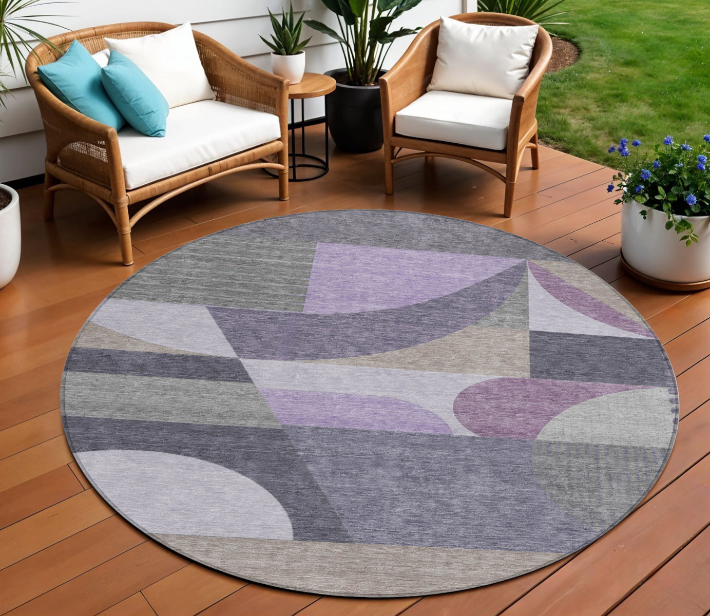 8 Purple Gray And Beige Round Geometric Washable Indoor Outdoor Area Rug