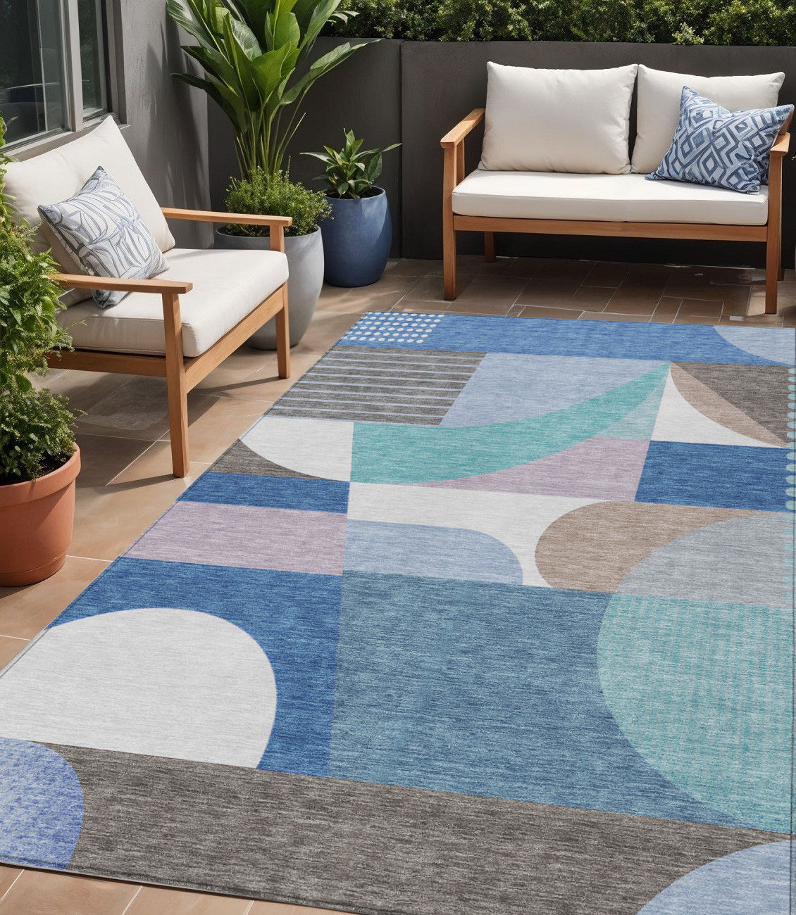 5 X 8 Sky Blue Teal Blue And Brown Geometric Washable Indoor Outdoor Area Rug