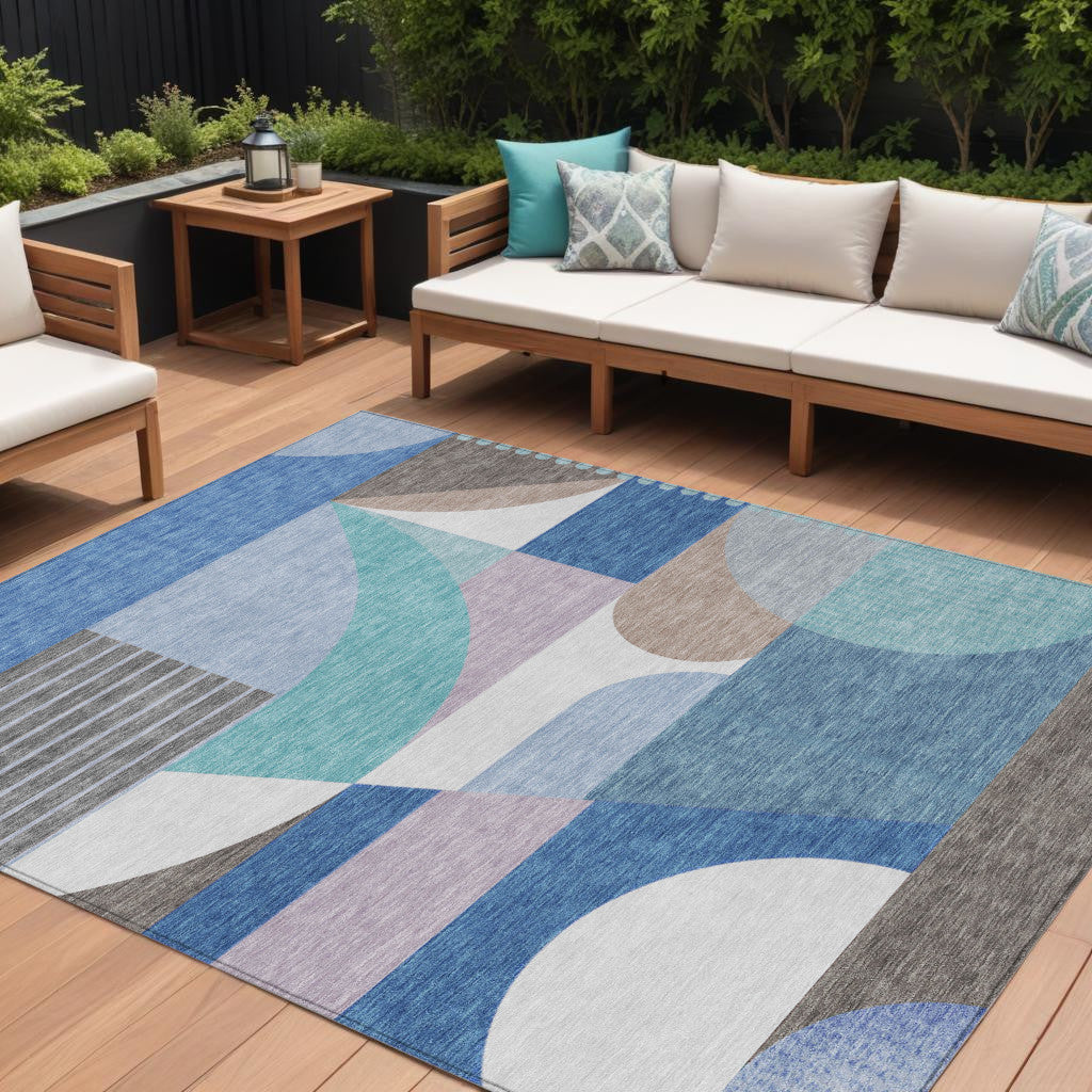 10 X 14 Sky Blue Teal Blue And Brown Geometric Washable Indoor Outdoor Area Rug