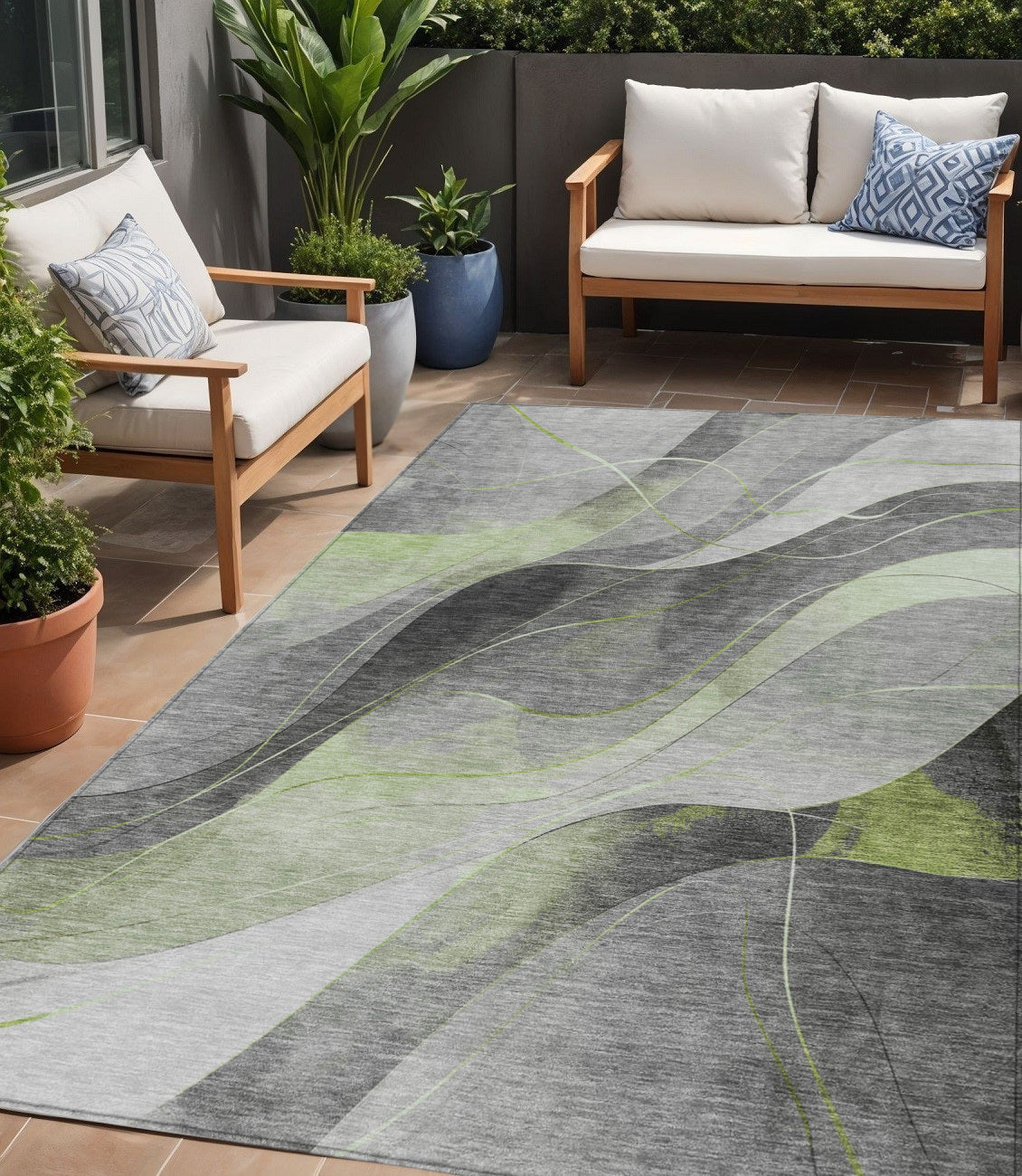 5 X 8 Artichoke Green Gray And Silver Abstract Washable Indoor Outdoor Area Rug
