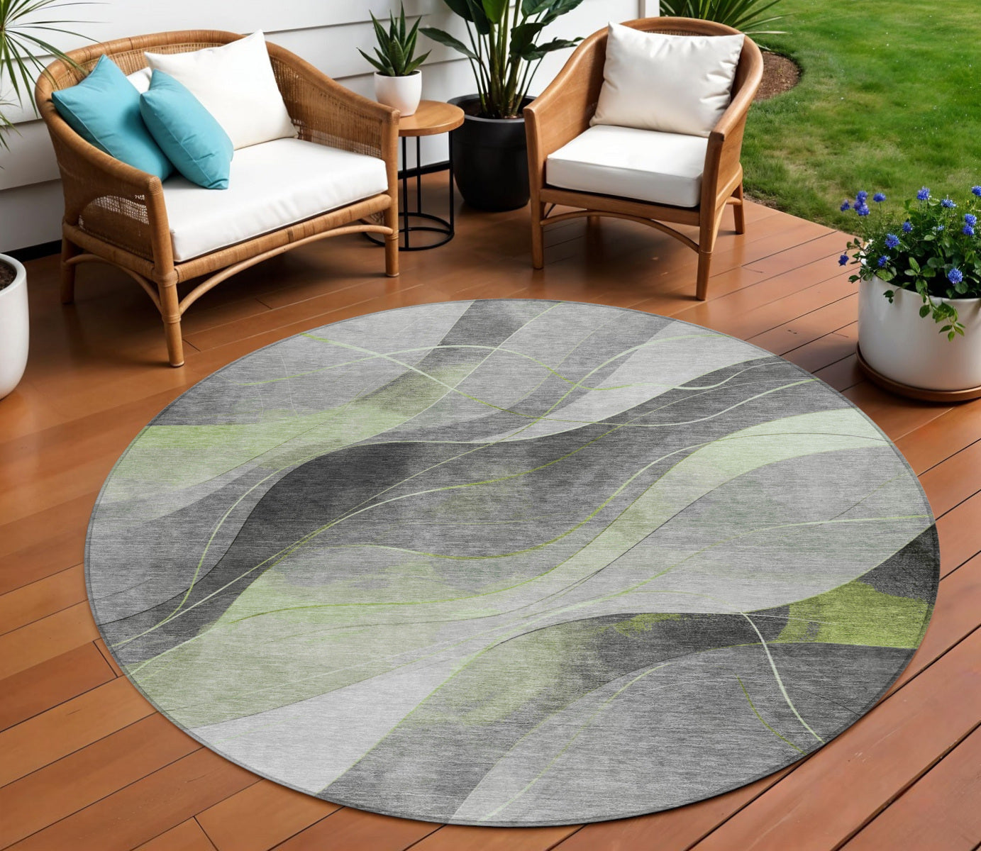 8 Artichoke Green Gray And Silver Round Abstract Washable Indoor Outdoor Area Rug