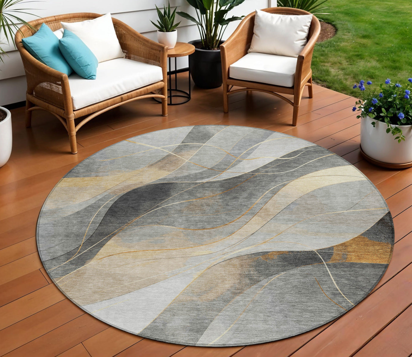 8 Gray Silver And Rust Round Abstract Washable Indoor Outdoor Area Rug
