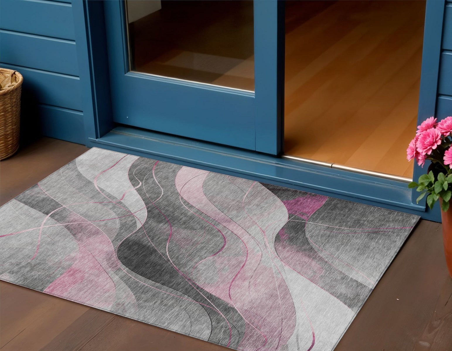 3 X 5 Pink Gray And Silver Abstract Washable Indoor Outdoor Area Rug