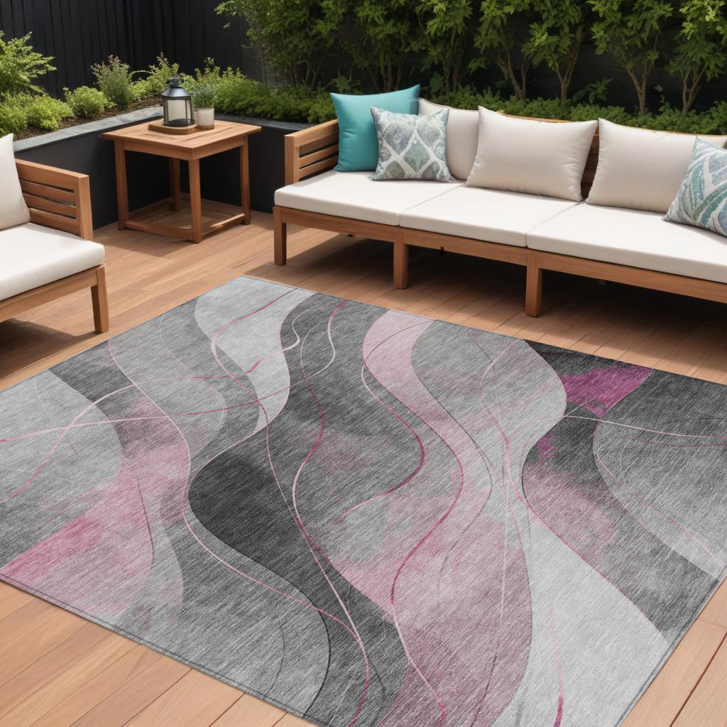 9 X 12 Pink Gray And Silver Abstract Washable Indoor Outdoor Area Rug