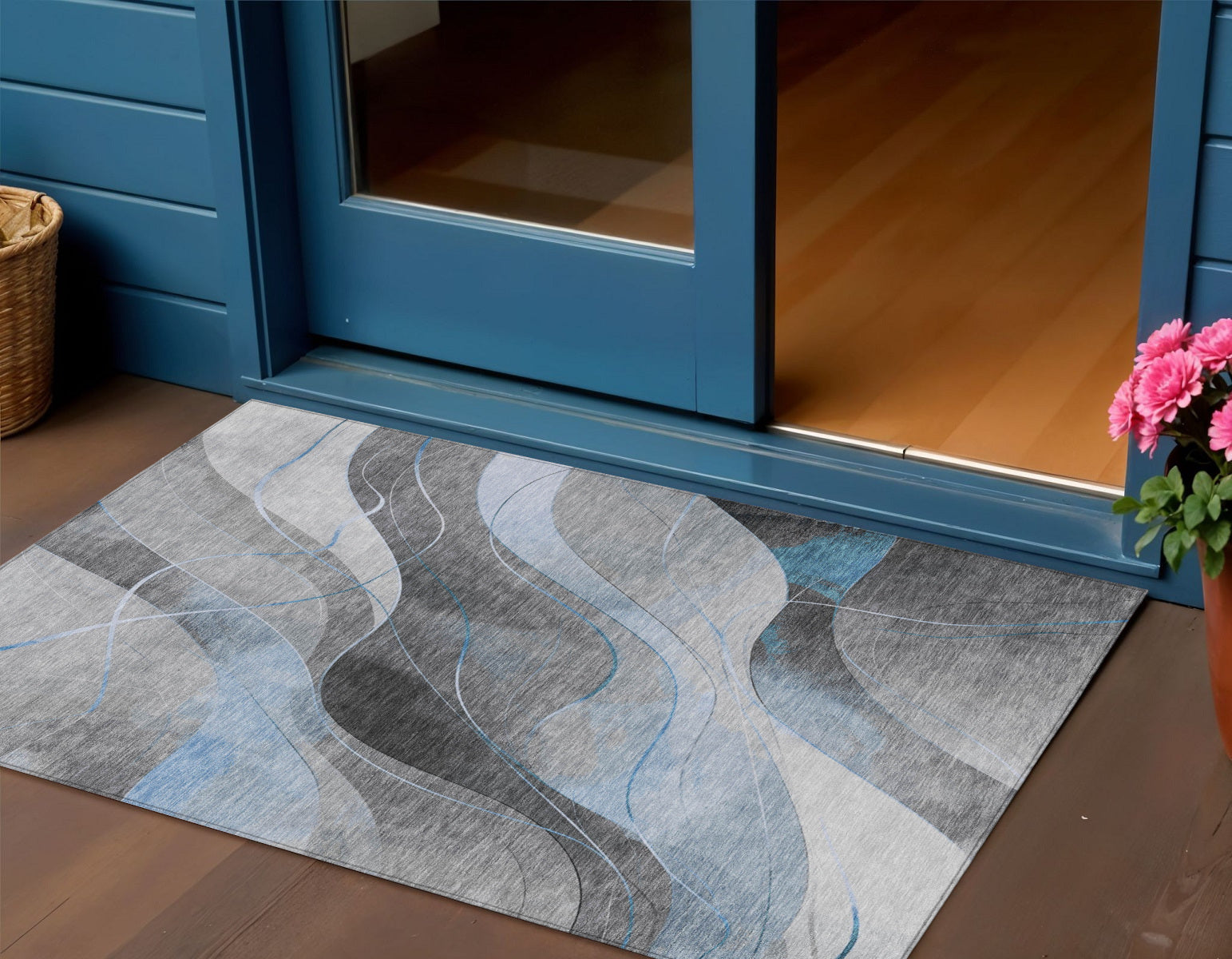 3 X 5 Sky Blue Gray And Silver Abstract Washable Indoor Outdoor Area Rug