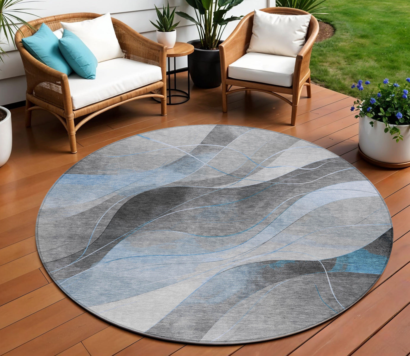 8 Sky Blue Gray And Silver Round Abstract Washable Indoor Outdoor Area Rug